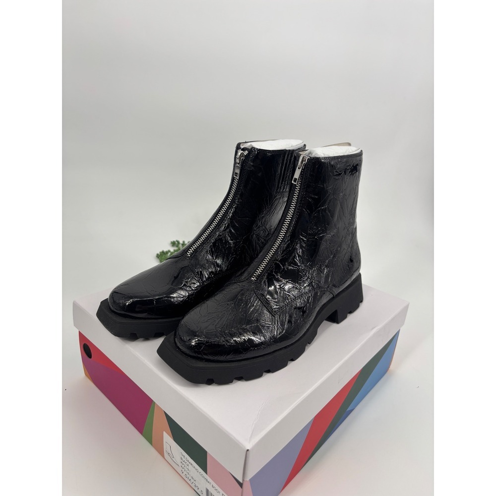 Katy Perry Combat Boot Womens 9.5 Black The Daarling Crinkled Patent Front Zip